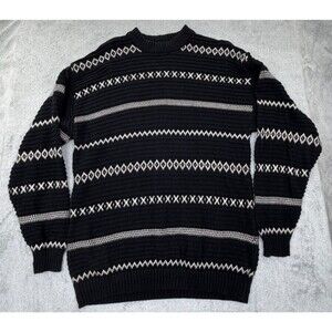 VINTAGE Jantzen Sport Sweater Mens Large Black White Cotton Knit Pullover 90's